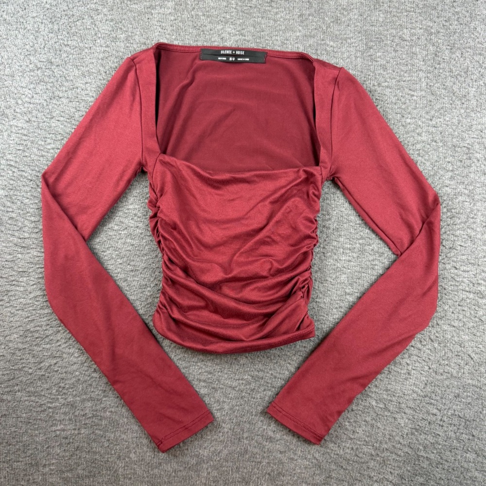 Silence + Noise Ruched Top Women's XS Burgundy Long Sleeve Square Neck Slim Fit